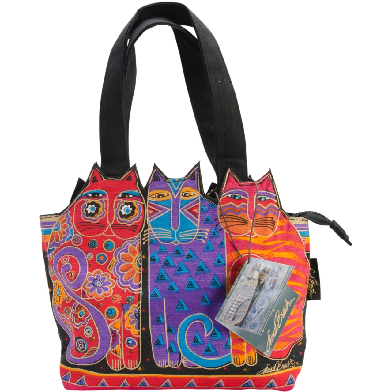 Laurel Burch Medium Tote Zipper Top 12"X3.5"X8.5"-Tres Gatos - Red, Orange & Blue
